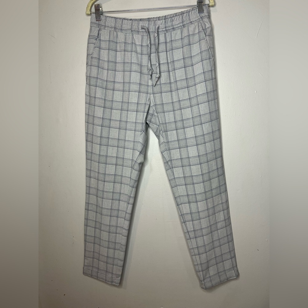 Zara Gray Plaid Straight Leg Pants Size M Elastic Waist Drawstring Workwear